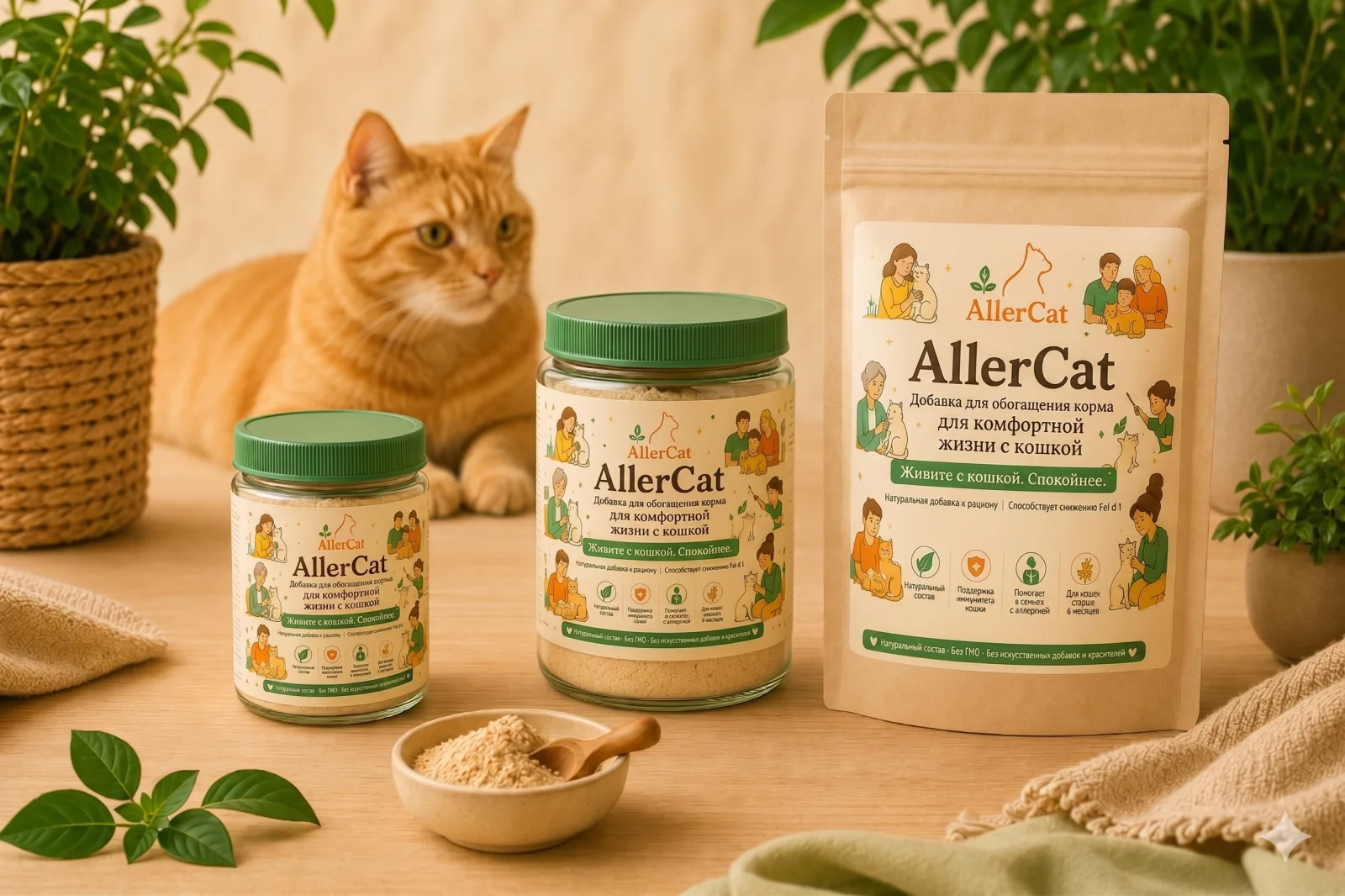 Линейка AllerCat — две банки и пакет с рыжим котом